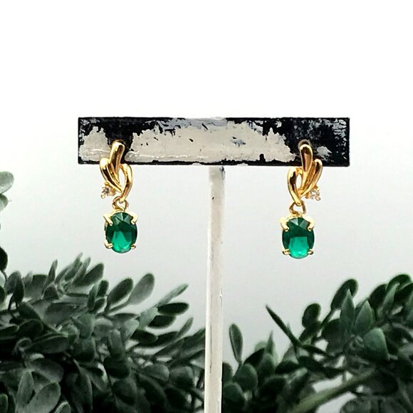 Vintage Style Gold-Tone Drop Earrings With Green Gemstone & Small Cubic Zirconia - Picture 3 of 8